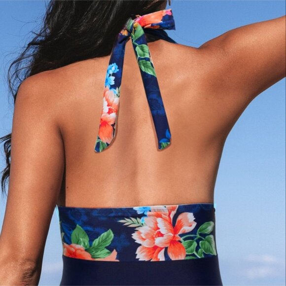 NWT Cupshe Boho Navy Blue Floral Halter Tummy Control‎ One-Piece Size Medium - Picture 6 of 9